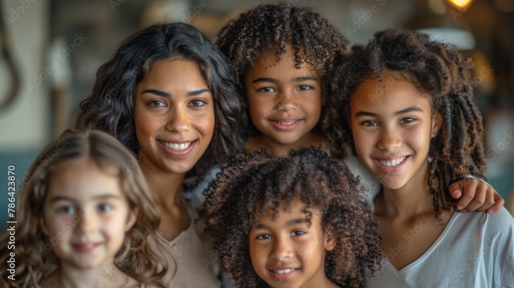 Portrait of a nice young mother with pleasure spending time with her three precious kids, everyone hugging their lovely mom, having fun together, happy big family enjoying life Portrait of a nice young mother with pleasure spending time with her three precious kids, everyone hugging their lovely mom, having fun together, happy big family enjoying life