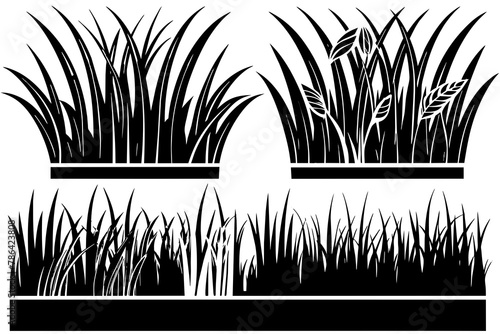 Green Grass Silhouette Cartoon plant lines for eco and organic logos. Vector set for spring banners or fresh organic pastures