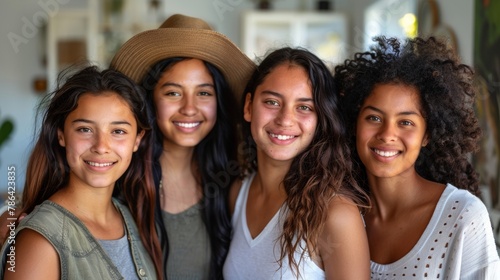 Portrait of a nice young mother with pleasure spending time with her three precious kids, everyone hugging their lovely mom, having fun together, happy big family enjoying life