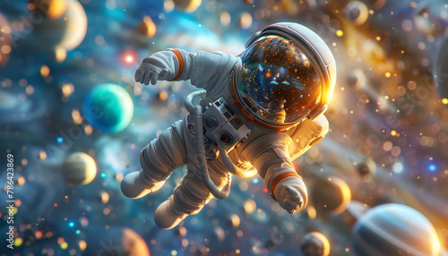 A man in a spacesuit is floating in space with a bunch of planets around him by AI generated image photo