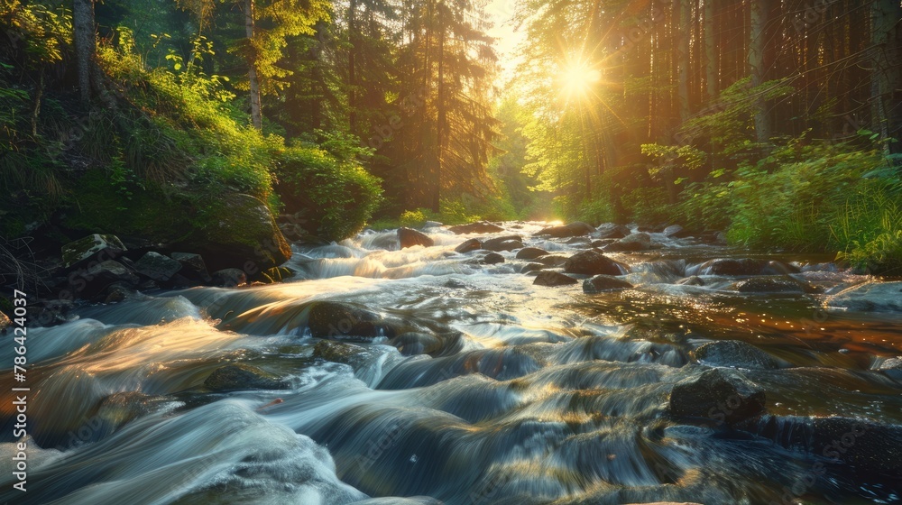 River at sunrise in the Carpathian forest - fast jet of water at slow shutter speeds give a beautiful fairy-tale effect. Ukraine is rich in water resources in the Carpathian Mountains is good ecology - obrazy, fototapety, plakaty 