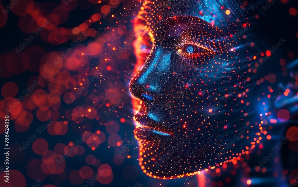 Digital human face, glowing data points, geometric lines, set against a digital cosmos. Digital human face, glowing data points, geometric lines, set against a digital cosmos.