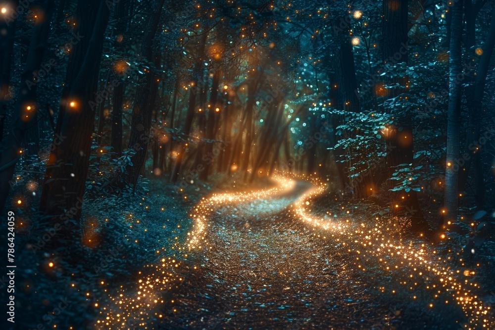 A mystical being guides wanderers along the radiant trail, its ethereal light casting an enchanting spell over the enchanted woodland.