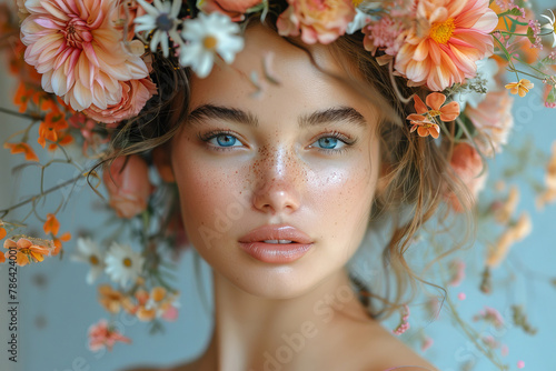 Serene Beauty with Blooming Floral Crown in Pastel Tones