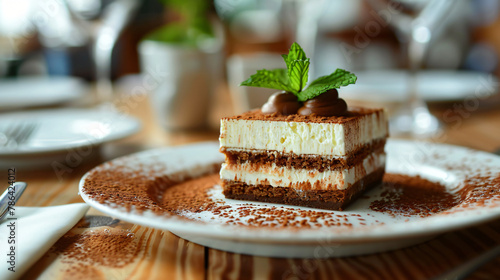 Plate with tiramisu dessert with cocoa and mint on caf photo