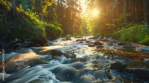 River at sunrise in the Carpathian forest - fast jet of water at slow shutter speeds give a beautiful fairy-tale effect. Ukraine is rich in water resources in the Carpathian Mountains is good ecology photo