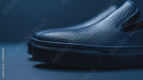 A macro image of vegan leather slip-on shoes in a deep navy, emphasizing their cruelty-free and environmentally conscious design. photo