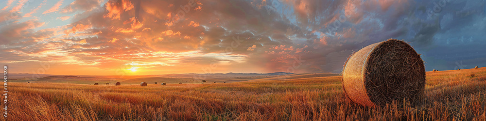 Golden Hour Over Farmland: Sunset, Hay Bales, and Open Fields Panorama