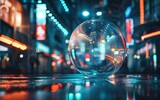 A translucent financial bubble floats above a bustling market, reflecting the unseen risks of the economy