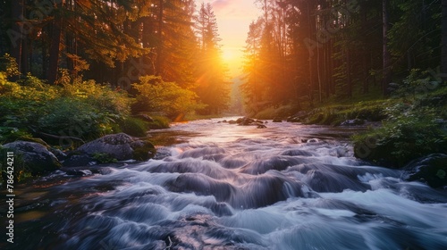 River at sunrise in the Carpathian forest - fast jet of water at slow shutter speeds give a beautiful fairy-tale effect. Ukraine is rich in water resources in the Carpathian Mountains is good ecology © Nijat