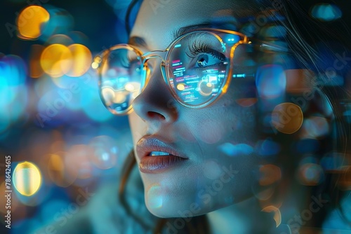 Woman with glasses, her eyes reflecting a digital realm, embodies her deep bond with the technological world.