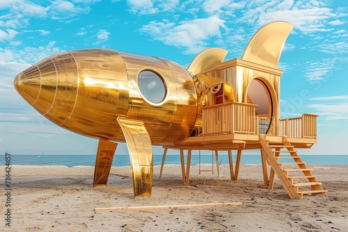 Golden Rocket Ship Playhouse A whimsical childrens playhouse designed to foster big financial dreams photo