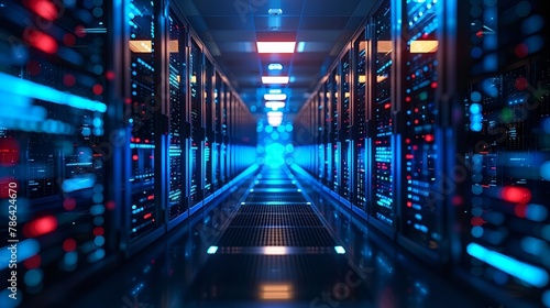 An advanced and sleek tech server room, highlighting the complex data processing and storage facilities, with an emphasis on cyber defense and network security in an international data center