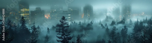 The fog serves as a veil shrouding the mysteries of the nighttime metropolis.