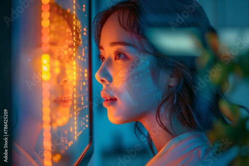 Businesswoman practicing a pitch in front of a smart mirror, receiving AI-driven feedback on performance, in a tech-enabled home office.