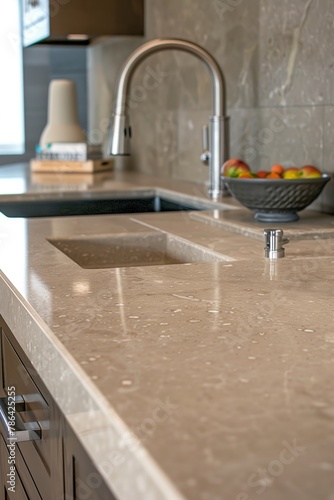 This image reveals a sophisticated kitchen design with a marble countertop and a stainless steel faucet