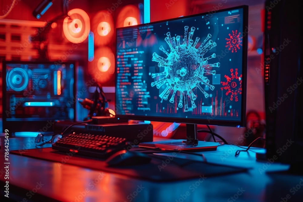 In the shadows, a hacker's lair with flickering blue code and a glaring red virus alert, hinting at powerful cyber security defenses. In the shadows, a hacker's lair with flickering blue code and a glaring red virus alert, hinting at powerful cyber security defenses.