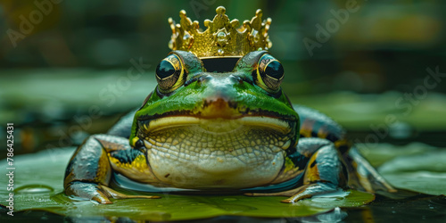 Majestic Frog King with Golden Crown Sitting on Water Lily Pad