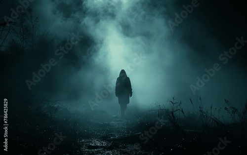 A chilling figure lurks in the shadows, foreboding terror awaits, as death's grip tightens in the eerie night. photo