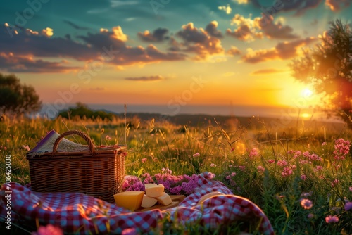 Closeup of picnic basket with drinks  food and flowers on the grass  summert time concept