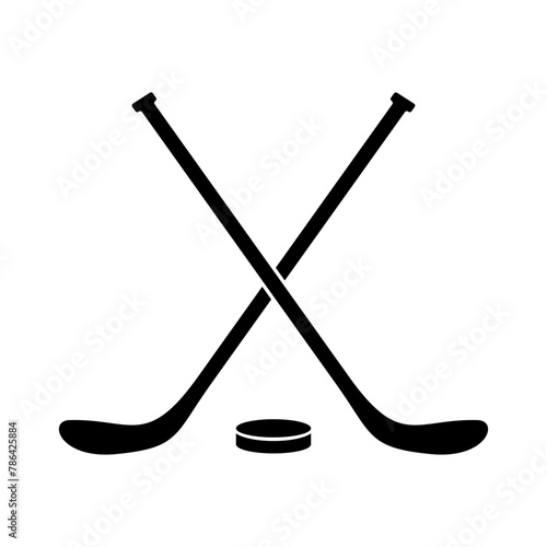 Ice Hockey icon, label, badge, logo template. Hockey sticks, cues with puck isolated on white background. Vector illustration