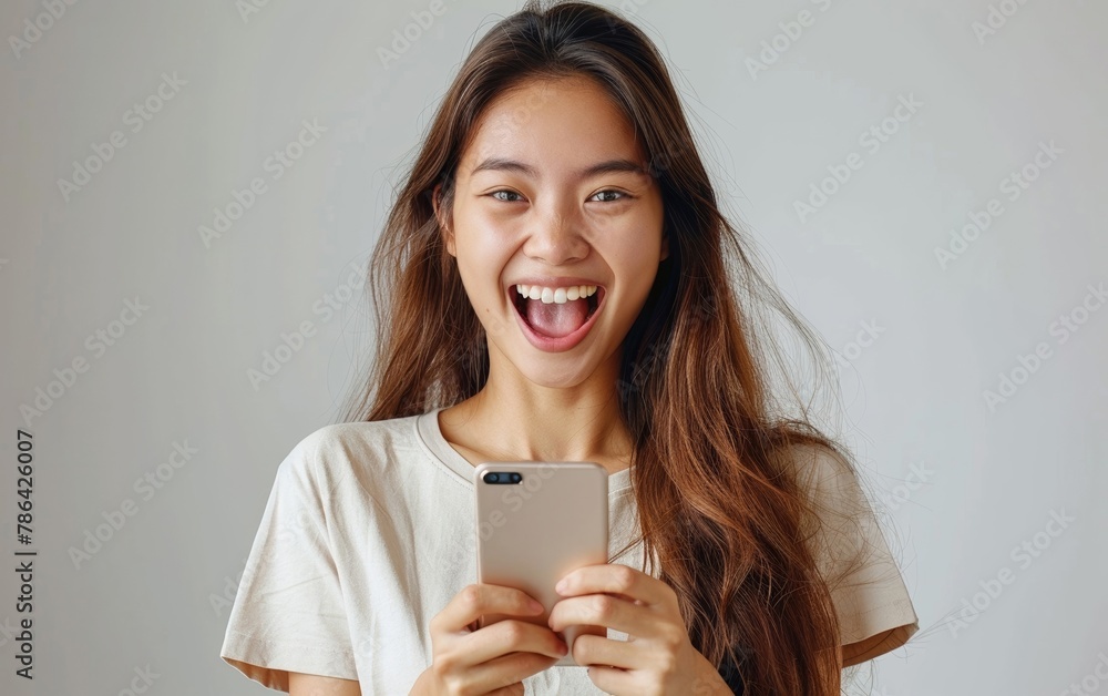 Excited young Asian businesswoman celebrates success with surprise offer on smartphone, isolated on white background. Excited young Asian businesswoman celebrates success with surprise offer on smartphone, isolated on white background.