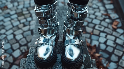A top-down shot of unisex platform boots in a daring metallic silver, showcasing bold buckles and a chunky sole for a fashion-forward look