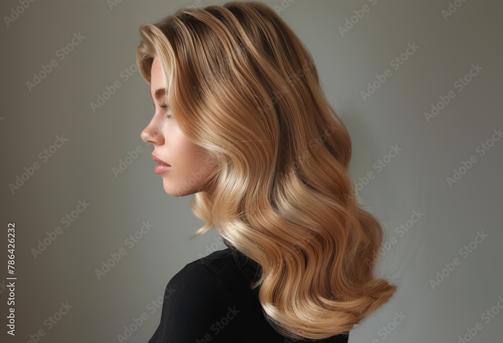 Beautiful woman in profile with long shiny wavy blond hair. Healthy shiny hair texture with streaks Beautiful woman in profile with long shiny wavy blond hair. Healthy shiny hair texture with streaks
