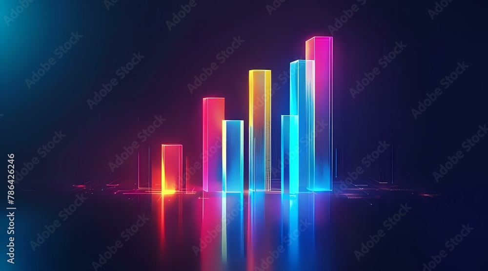 Abstract neon bar graph on black background, business growth concept