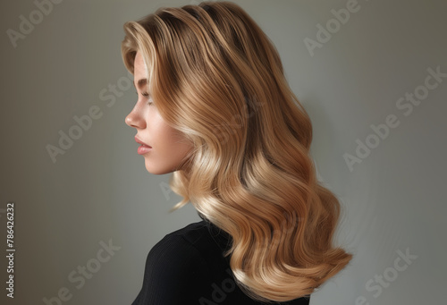 Beautiful woman in profile with long shiny wavy blond hair. Healthy shiny hair texture with streaks