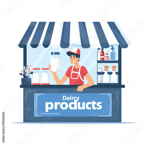a man standing behind a dairy product stand