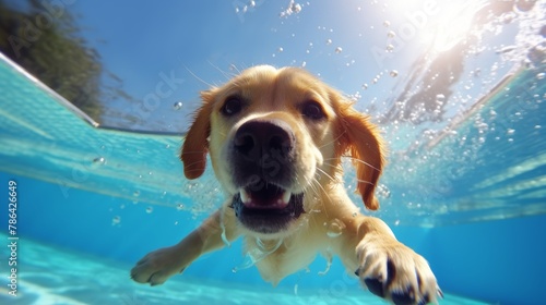 Funny underwater picture of puppies in swimming pool playing deep dive action training game with family pets and popular dog breeds during summer holidays. recreation, relax, generate by AI © pinkrabbit