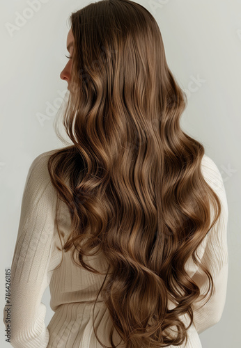 Portrait of a beautiful healthy girl hair with luxurious curly long hair. Back view.