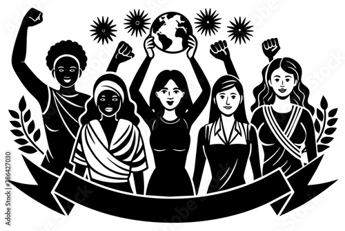 International Women's Day Celebrating Diversity and Empowerment. Vector illustration showcasing women from diverse nationalities and cultures united in the fight for freedom