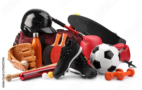 Many different sports equipment isolated on white