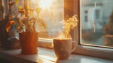 Coffee cup by window with sun rays creating beautifully illuminated steam for atmospheric ambiance