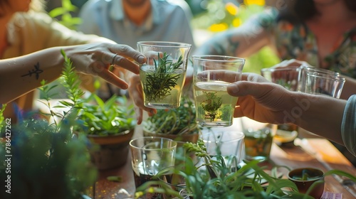 Eco-Conscious Individuals Enjoying Herbal Infusions in a Lush Caf Setting with Recycled Glassware photo