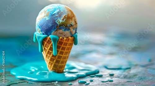 Melting Globe Dripping onto Heated Waffle Cone Earth - Striking Visualisation of Global Warming Crisis