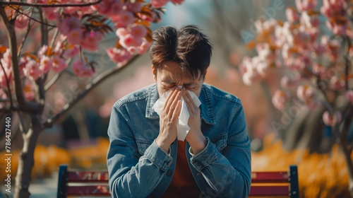 Young man with seasonal allergy in blossoming garden at springtime. Spring allergy concept.