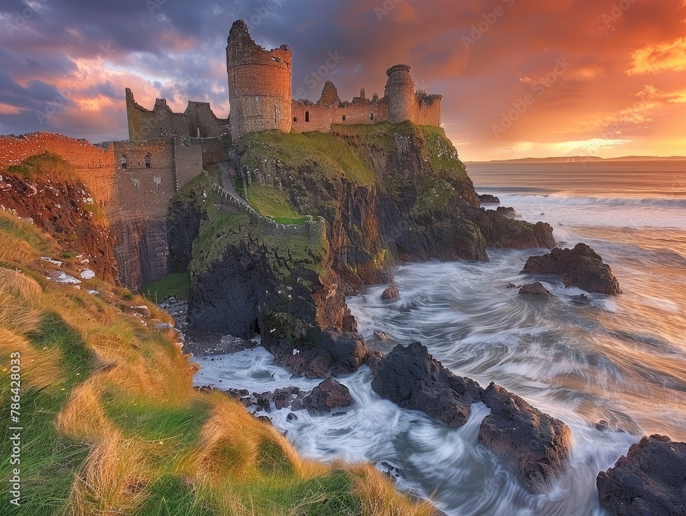 A majestic medieval castle perched atop a rugged cliff overlooking the sea, with waves crashing against the rocks below ancient stronghold The warm glow of sunset bathes the castle in a golden light