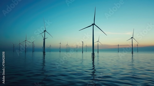 Rows of wind turbines provide power in a beautiful winter evening landscape.