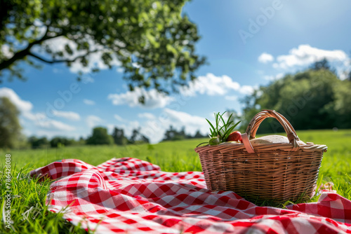 Idyllic Summer Picnic in Sunny Park with Wicker Basket