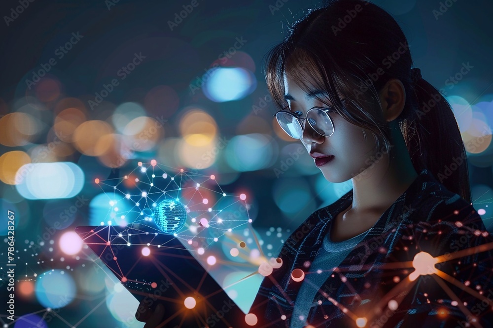 Woman and tablet with internet networking and digital transformation for global communication. Woman and tablet with internet networking and digital transformation for global communication.