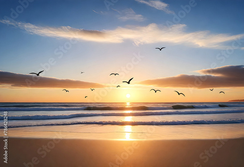 a sunset over the ocean with birds flying over it