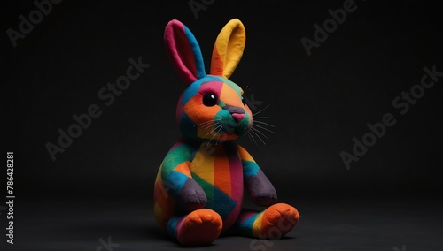 a colorful rabbit stuff toy in plain black background from Generative AI