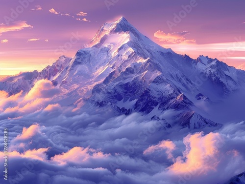 A majestic mountain peak rising above swirling clouds, with the first light of dawn painting the sky in hues of purple and gold alpine splendor Soft, ethereal lighting imbues the scene with a sense