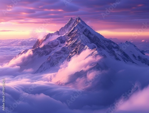 A majestic mountain peak rising above swirling clouds, with the first light of dawn painting the sky in hues of purple and gold alpine splendor Soft, ethereal lighting imbues the scene