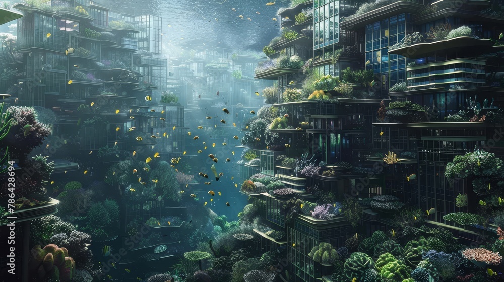 Coral skyscrapers housing schools of fish, underwater metropolis