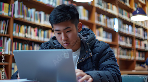 A medium shot of an Asian Men Working intently on their laptop