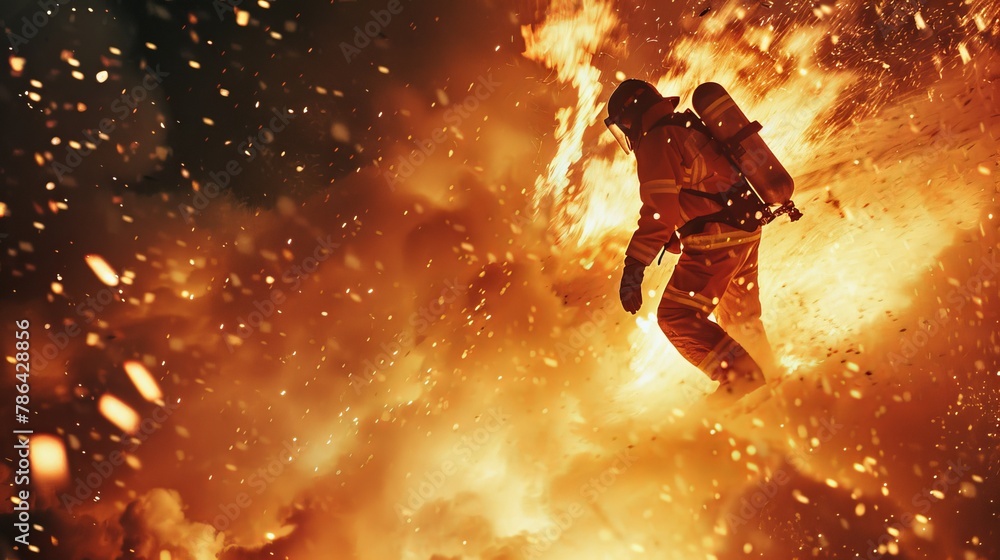 Firefighter in action amidst blazing flames, heroism and risk, dynamic action shot